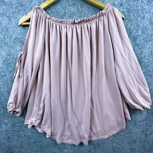 Hummingbird Blouse Womens Medium Pink Cold Shoulder Flowy Drape Stretch Tied - Picture 2 of 6